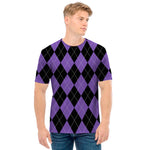 Black And Purple Argyle Pattern Print Men's T-Shirt