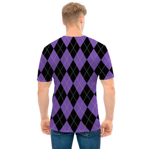 Black And Purple Argyle Pattern Print Men's T-Shirt