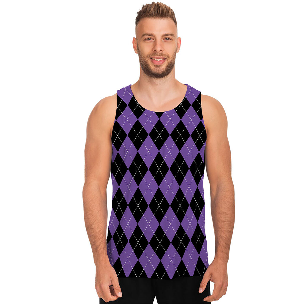 Black And Purple Argyle Pattern Print Men's Tank Top