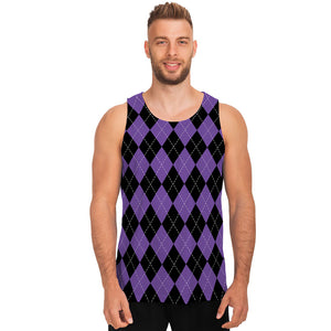 Black And Purple Argyle Pattern Print Men's Tank Top