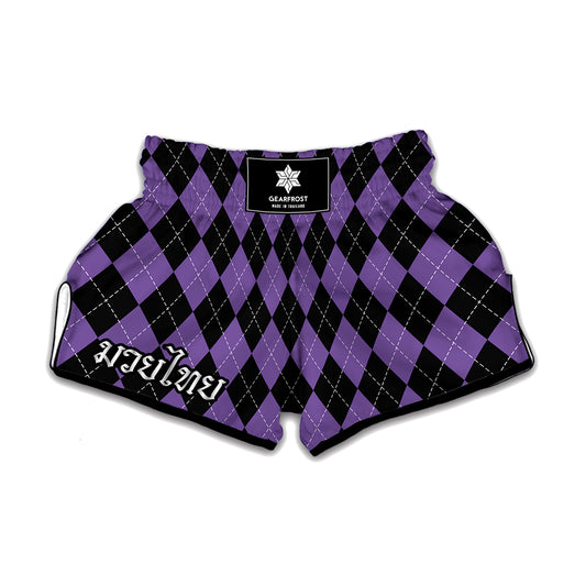 Black And Purple Argyle Pattern Print Muay Thai Boxing Shorts