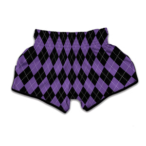 Black And Purple Argyle Pattern Print Muay Thai Boxing Shorts