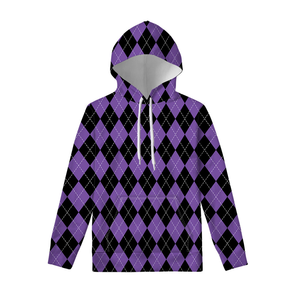 Black And Purple Argyle Pattern Print Pullover Hoodie