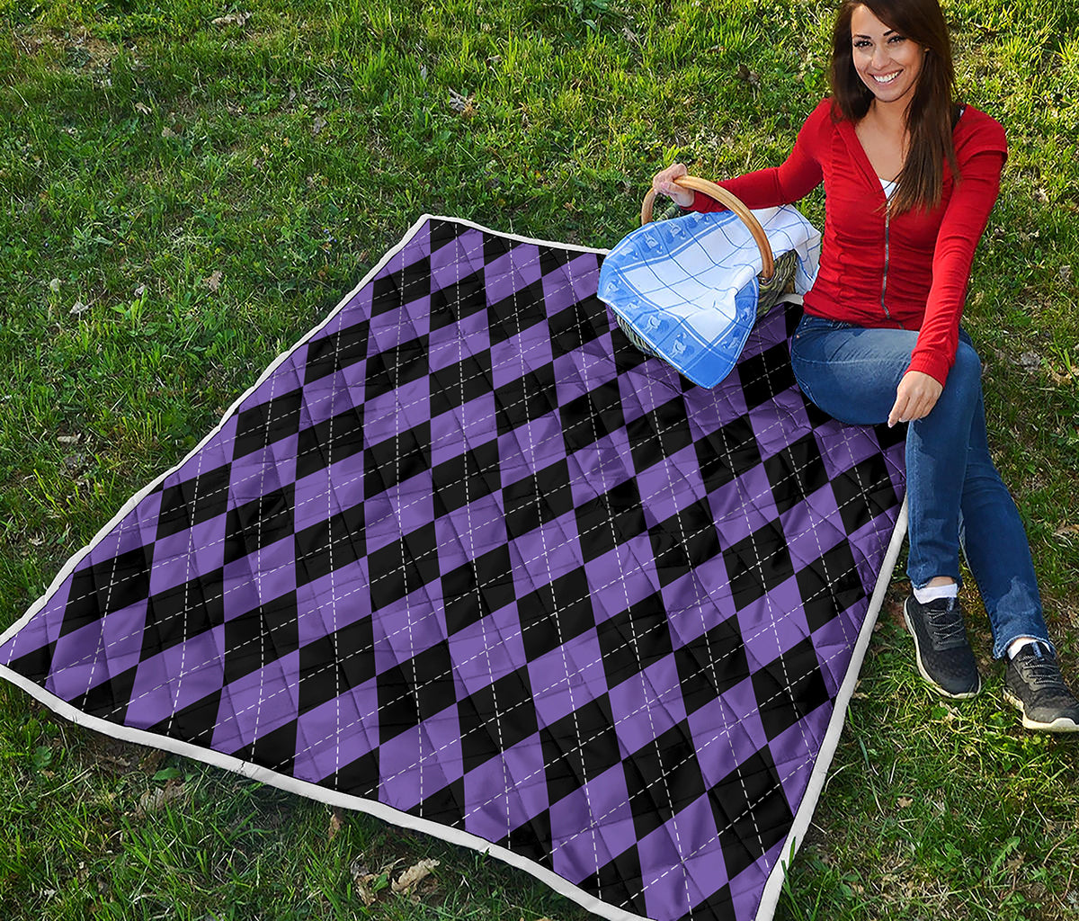 Black And Purple Argyle Pattern Print Quilt