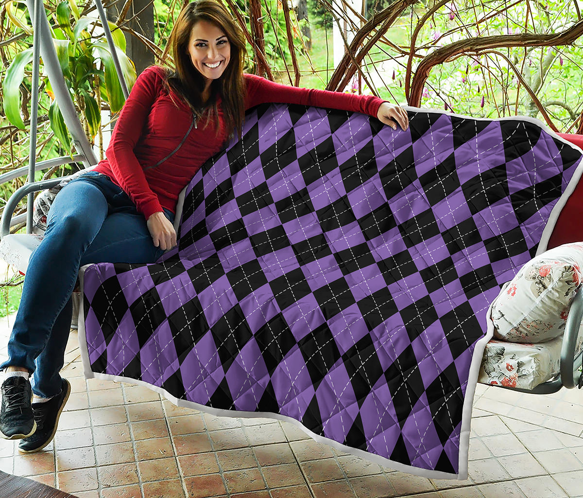 Black And Purple Argyle Pattern Print Quilt