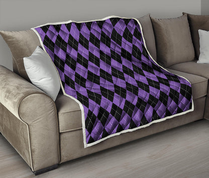 Black And Purple Argyle Pattern Print Quilt