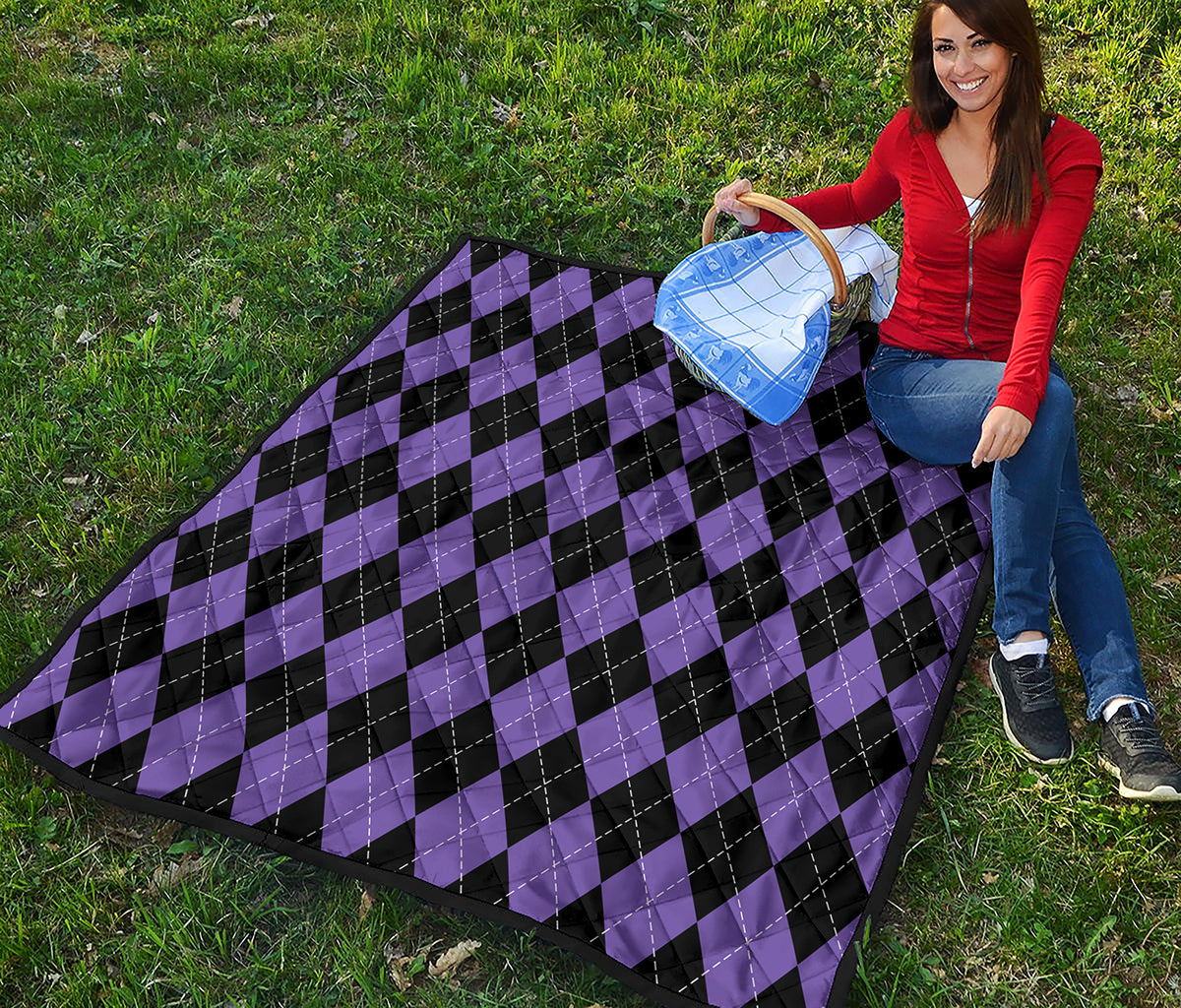 Black And Purple Argyle Pattern Print Quilt
