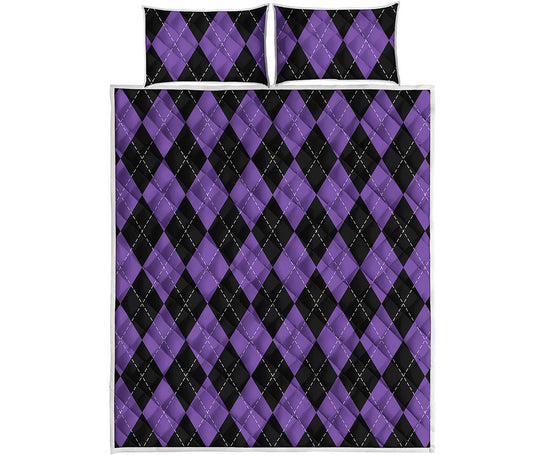Black And Purple Argyle Pattern Print Quilt Bed Set