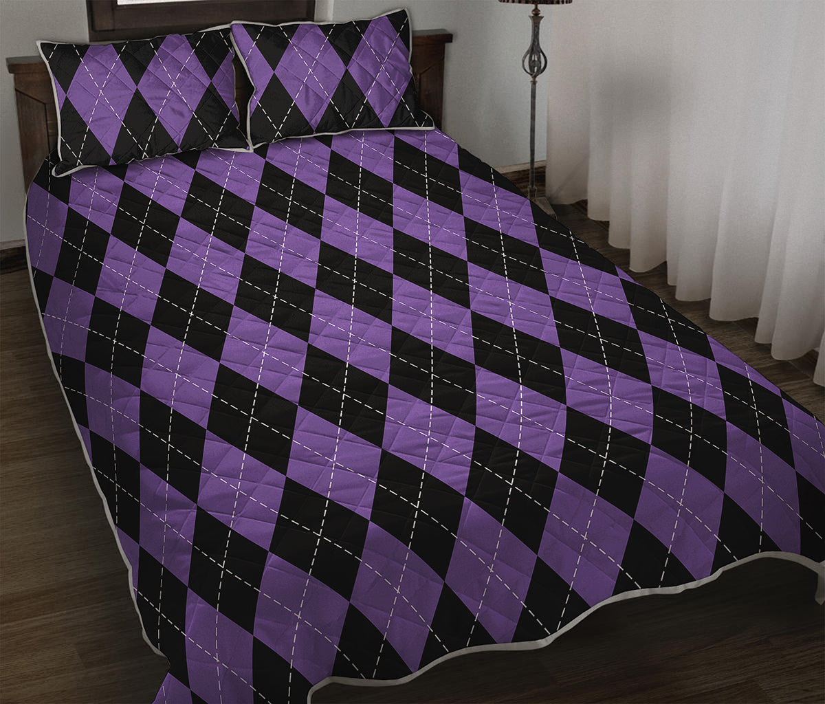Black And Purple Argyle Pattern Print Quilt Bed Set