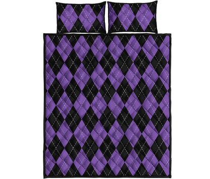 Black And Purple Argyle Pattern Print Quilt Bed Set