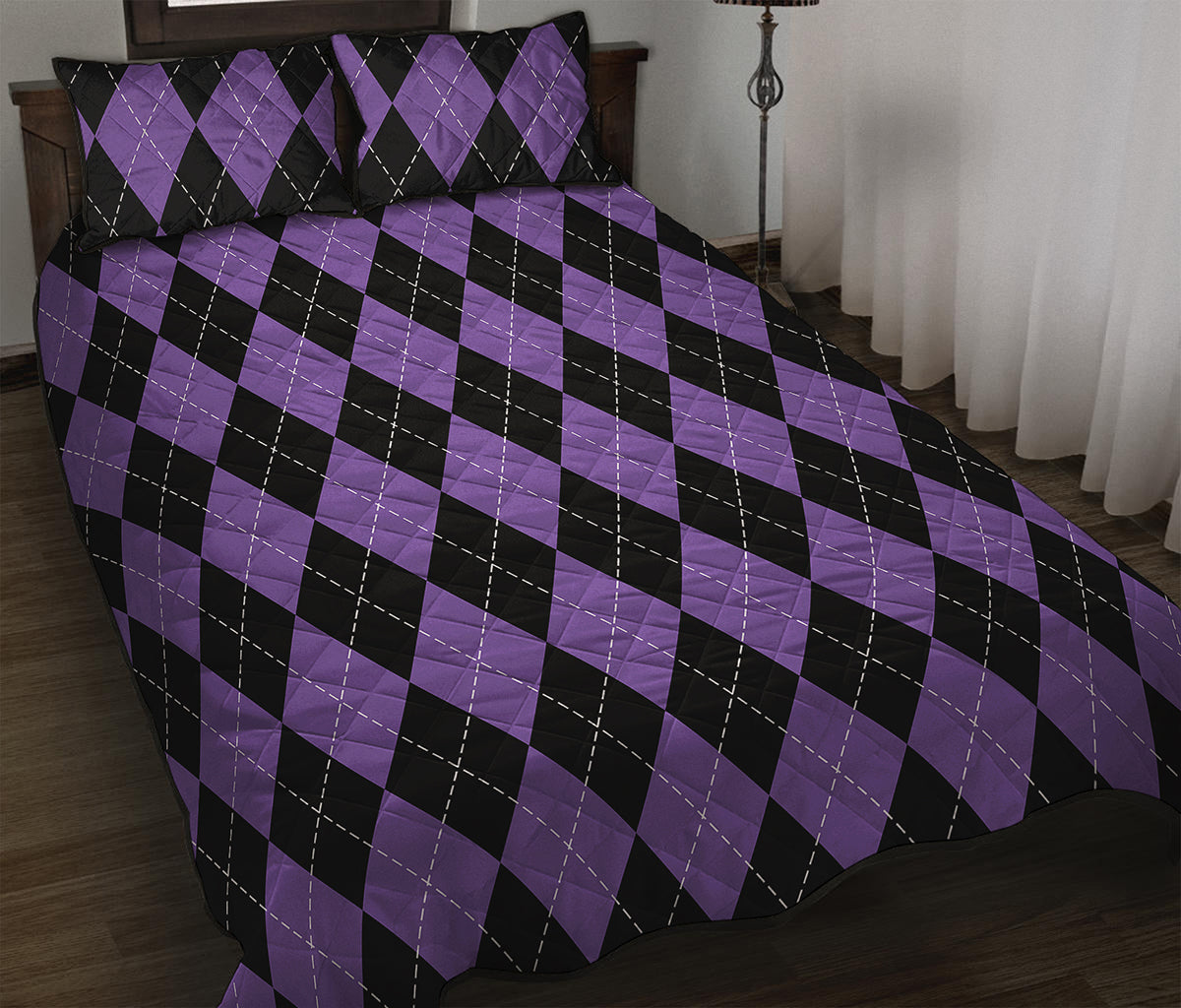 Black And Purple Argyle Pattern Print Quilt Bed Set