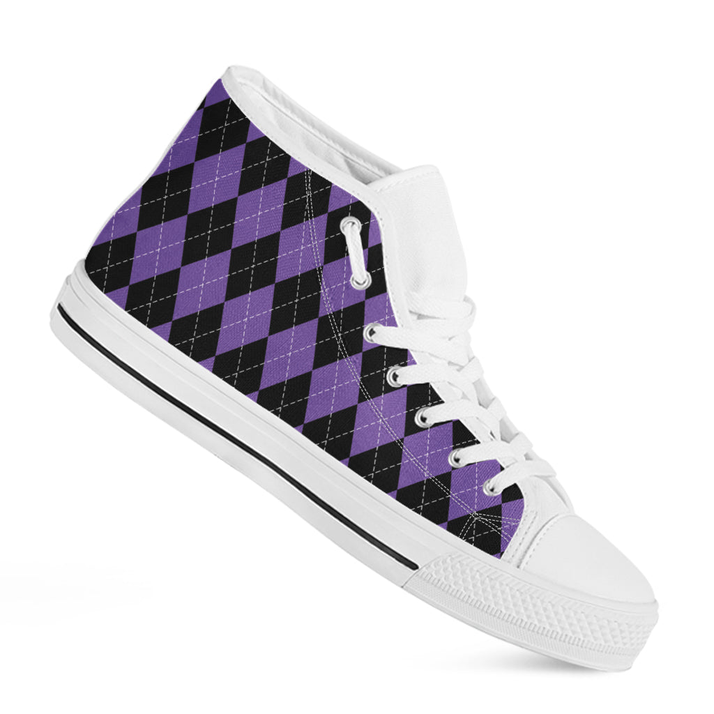 Black And Purple Argyle Pattern Print White High Top Shoes