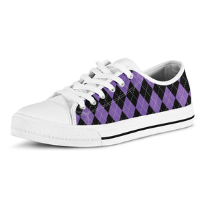 Black And Purple Argyle Pattern Print White Low Top Shoes