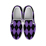 Black And Purple Argyle Pattern Print White Slip On Shoes