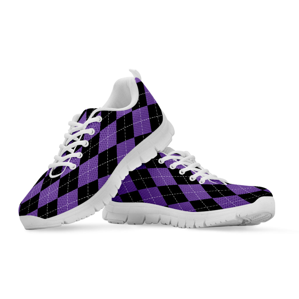 Black And Purple Argyle Pattern Print White Sneakers