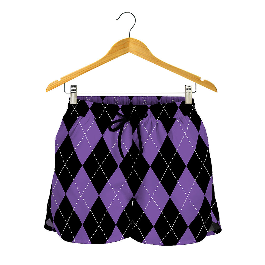 Black And Purple Argyle Pattern Print Women's Shorts