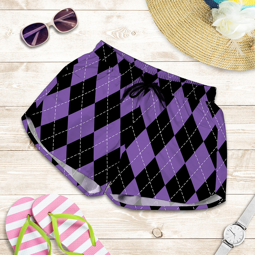 Black And Purple Argyle Pattern Print Women's Shorts