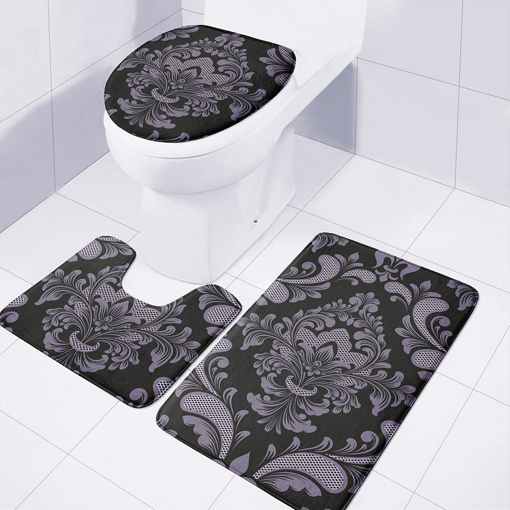 Black And Purple Damask Pattern Print 3 Piece Bath Mat Set