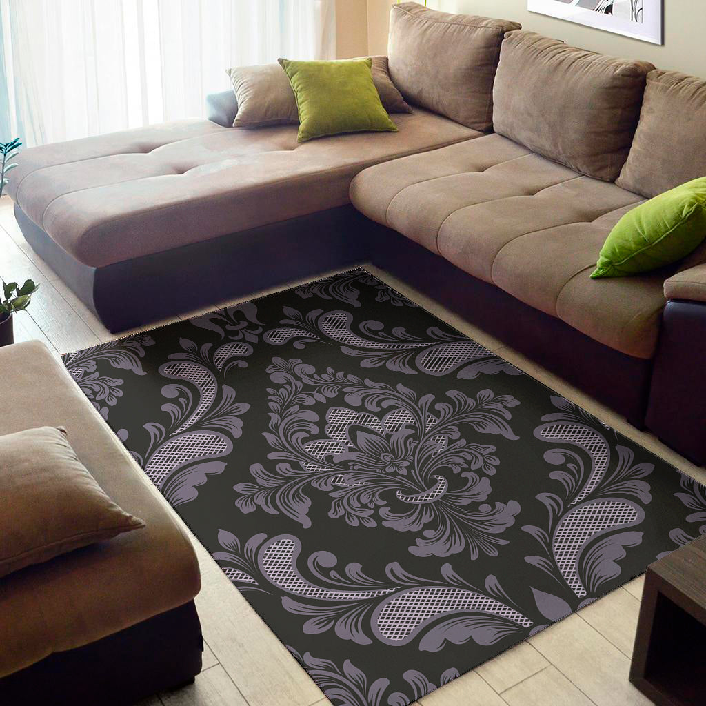 Black And Purple Damask Pattern Print Area Rug