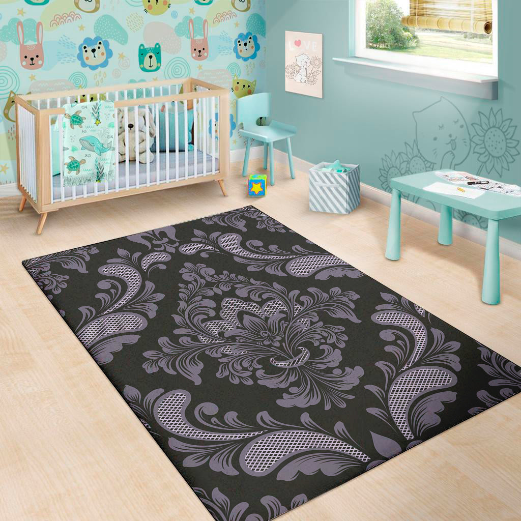 Black And Purple Damask Pattern Print Area Rug