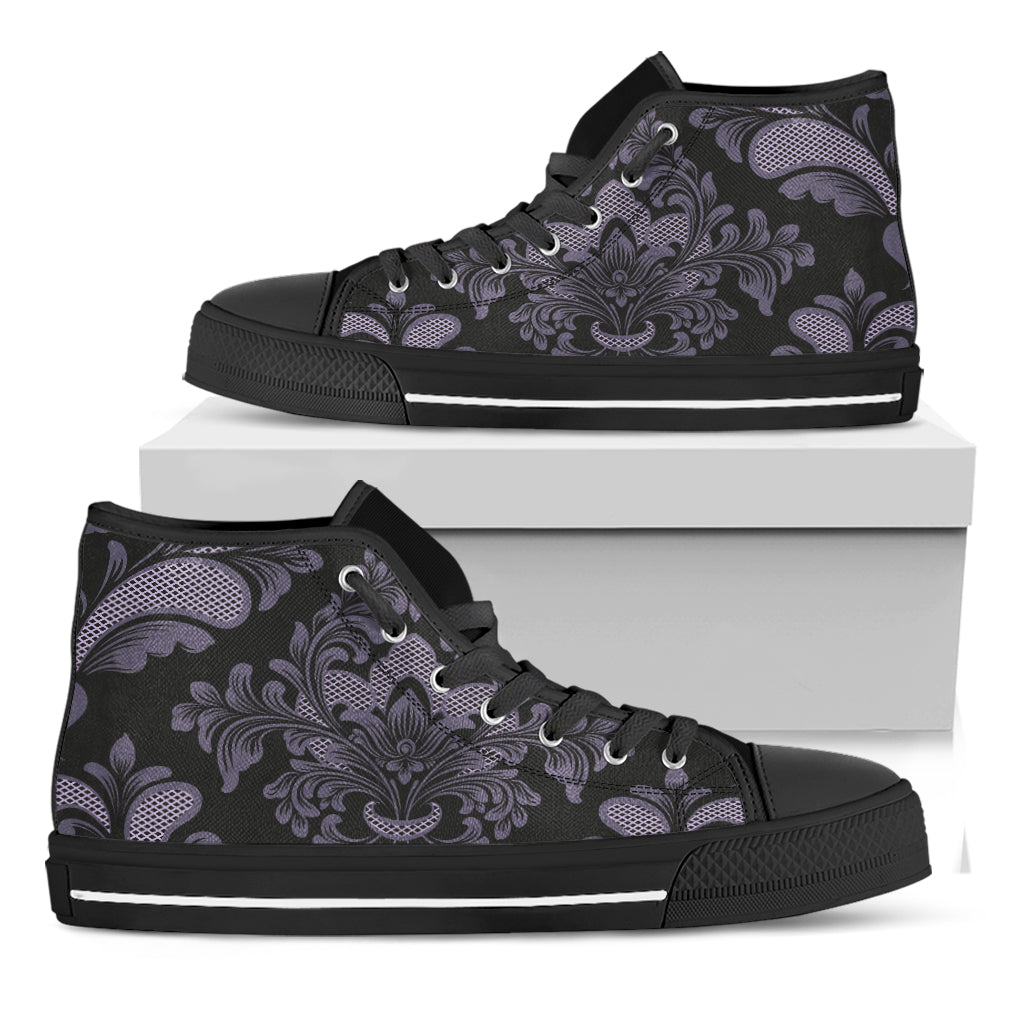 Black And Purple Damask Pattern Print Black High Top Shoes