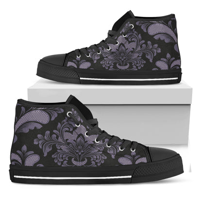 Black And Purple Damask Pattern Print Black High Top Shoes