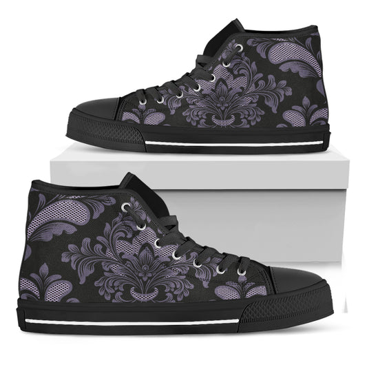 Black And Purple Damask Pattern Print Black High Top Shoes