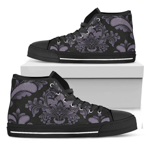 Black And Purple Damask Pattern Print Black High Top Shoes