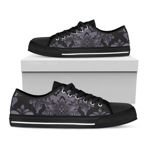 Black And Purple Damask Pattern Print Black Low Top Shoes