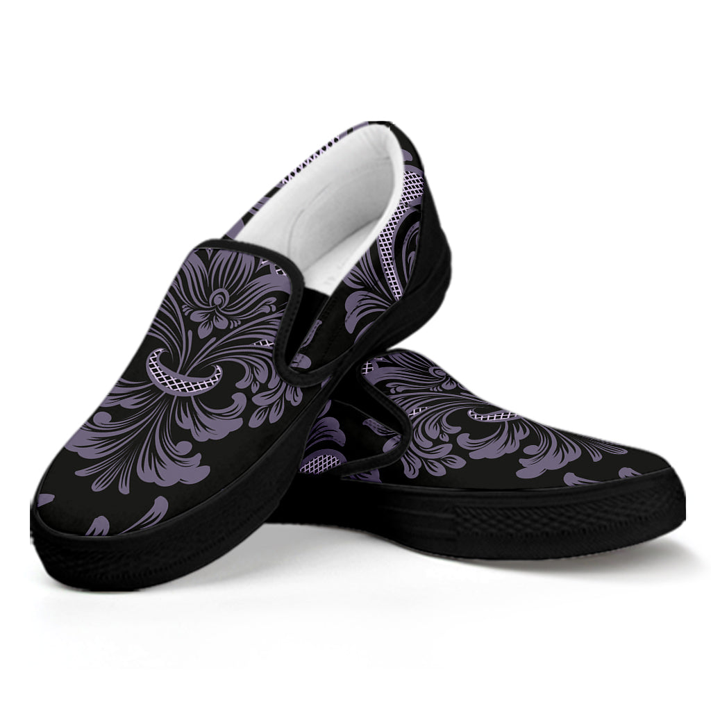 Black And Purple Damask Pattern Print Black Slip On Shoes