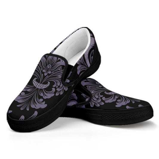 Black And Purple Damask Pattern Print Black Slip On Shoes