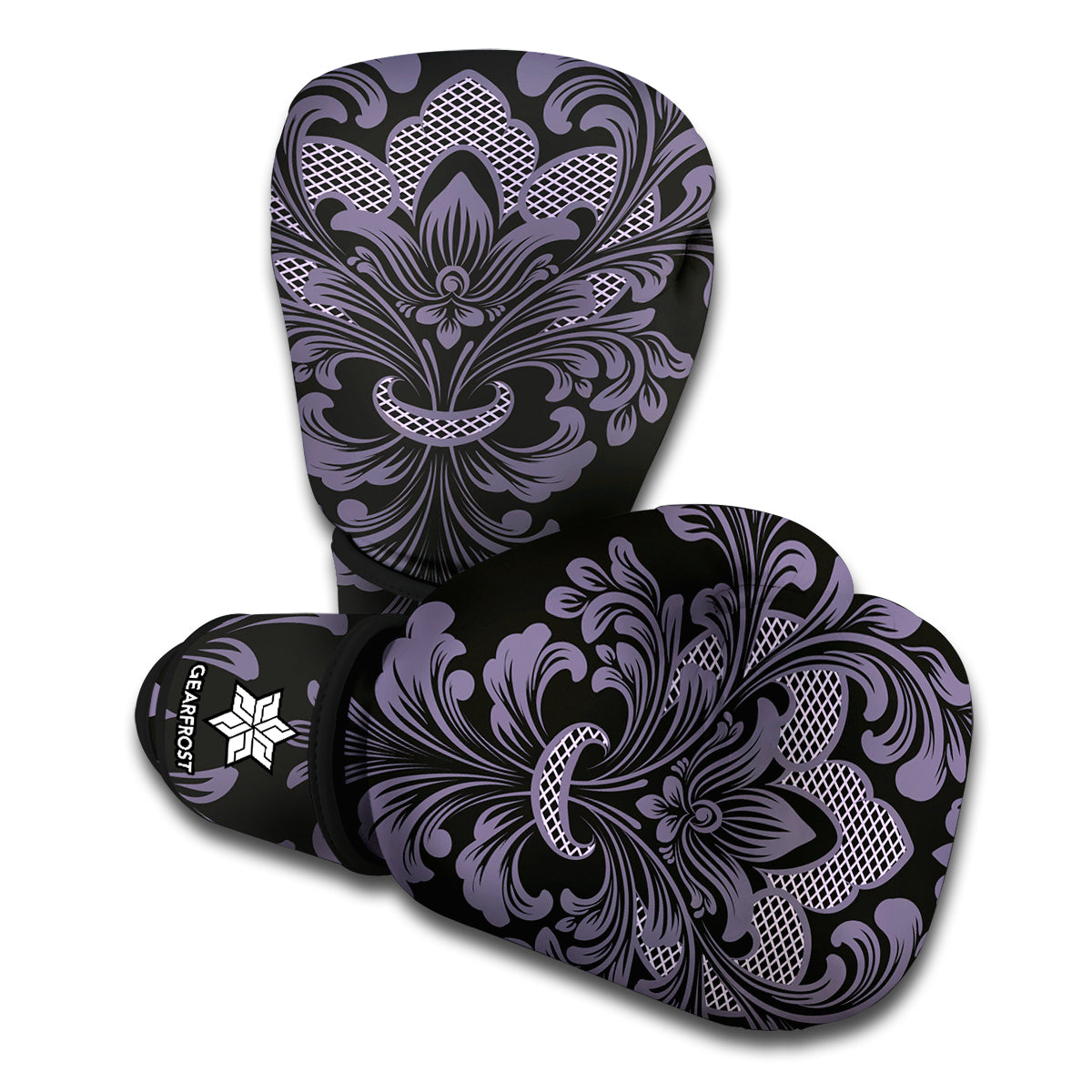 Black And Purple Damask Pattern Print Boxing Gloves