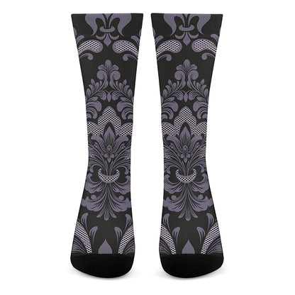Black And Purple Damask Pattern Print Crew Socks