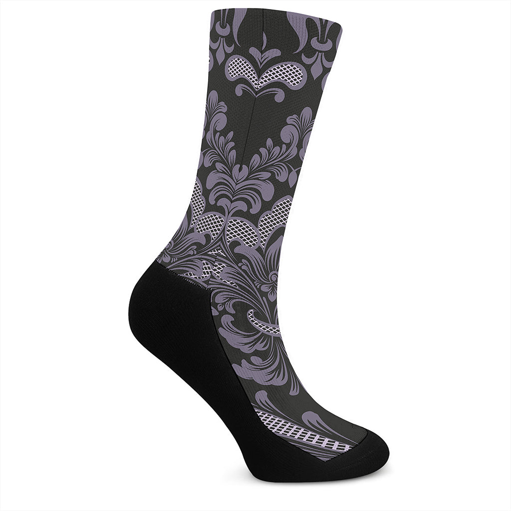 Black And Purple Damask Pattern Print Crew Socks