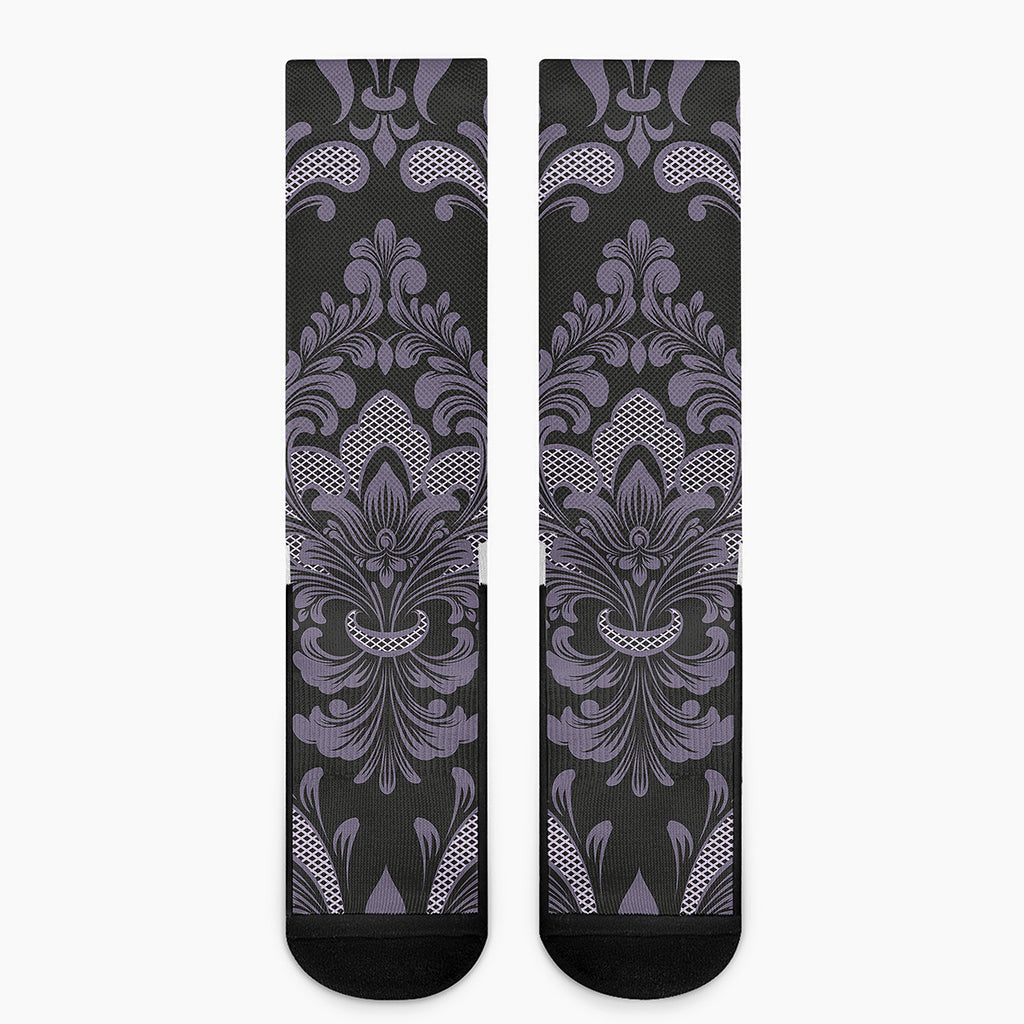 Black And Purple Damask Pattern Print Crew Socks