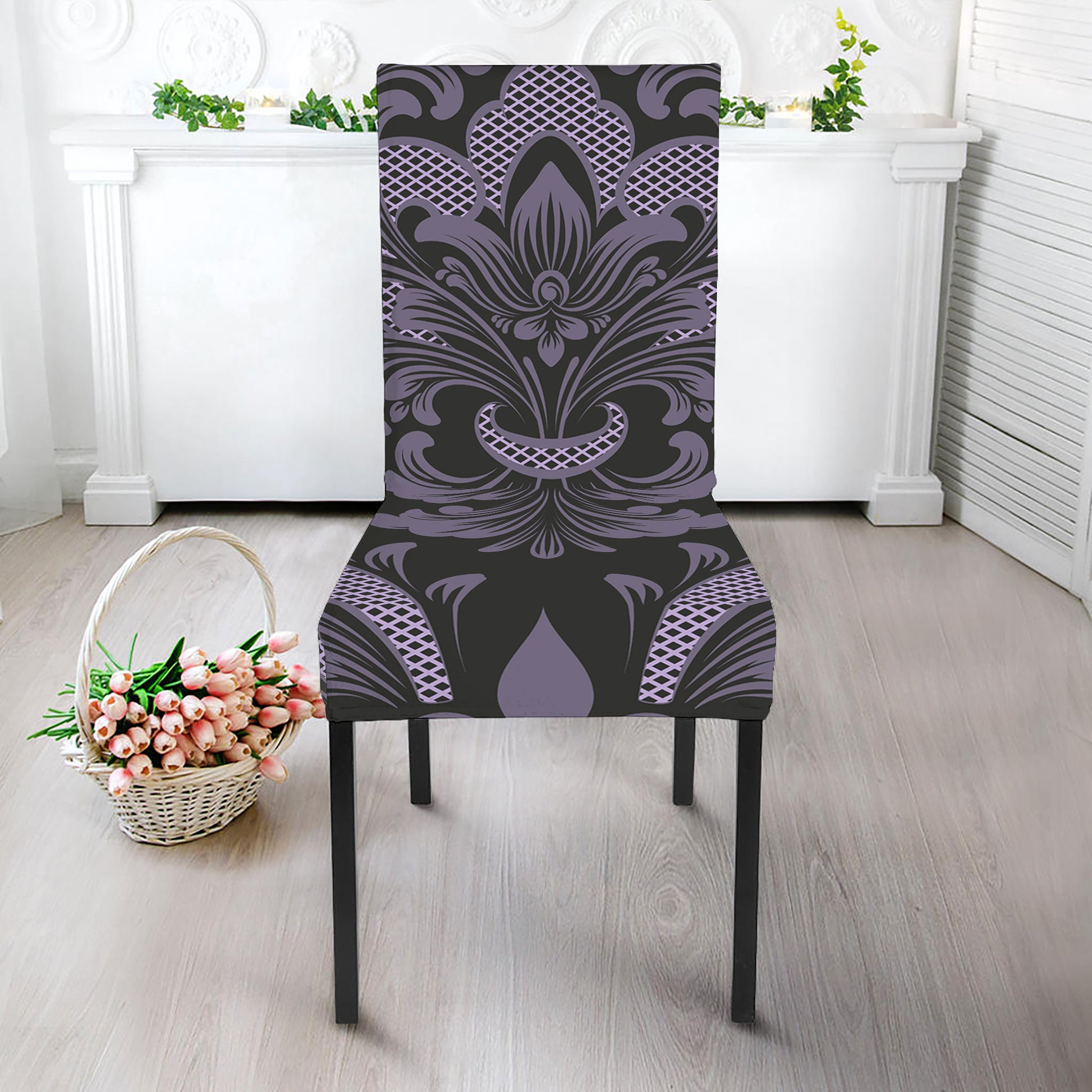 Black And Purple Damask Pattern Print Dining Chair Slipcover