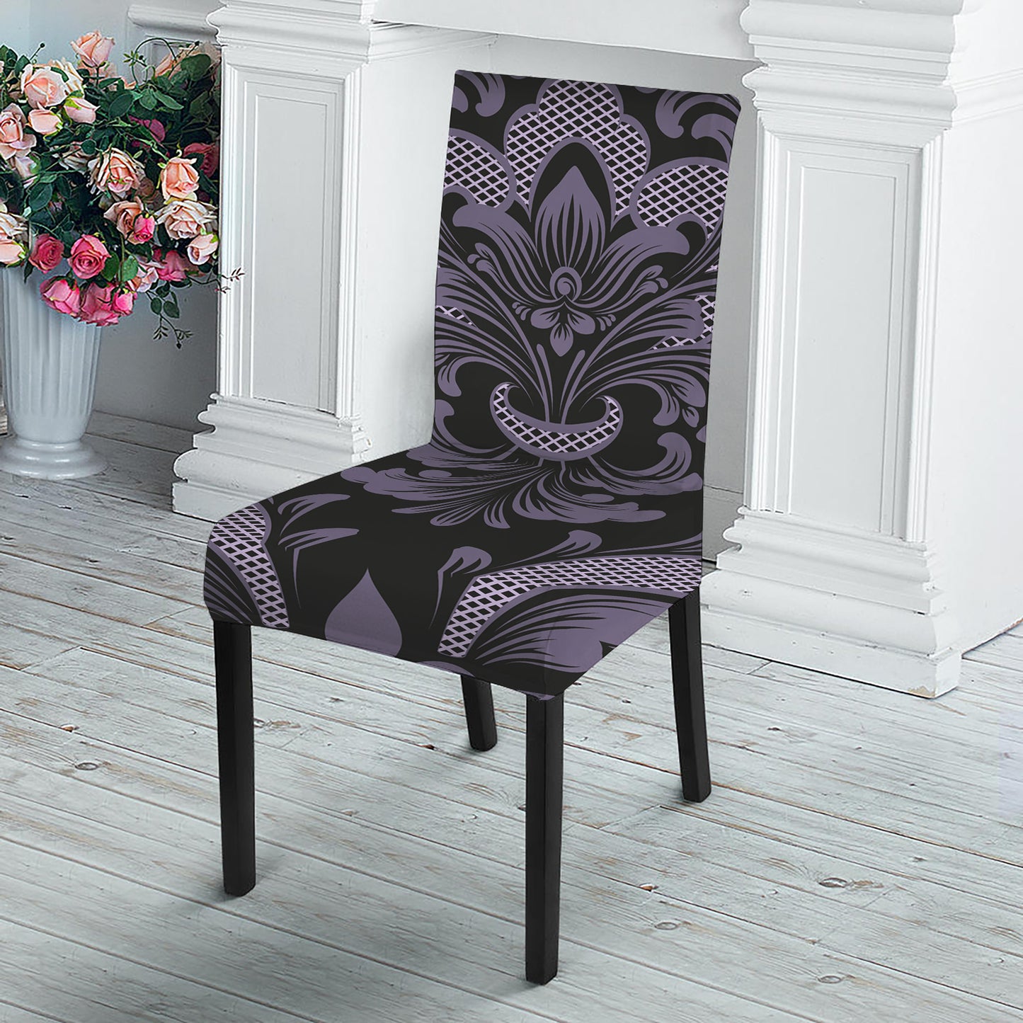 Black And Purple Damask Pattern Print Dining Chair Slipcover