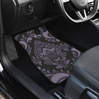 Black And Purple Damask Pattern Print Front and Back Car Floor Mats