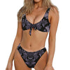 Black And Purple Damask Pattern Print Front Bow Tie Bikini