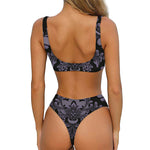 Black And Purple Damask Pattern Print Front Bow Tie Bikini