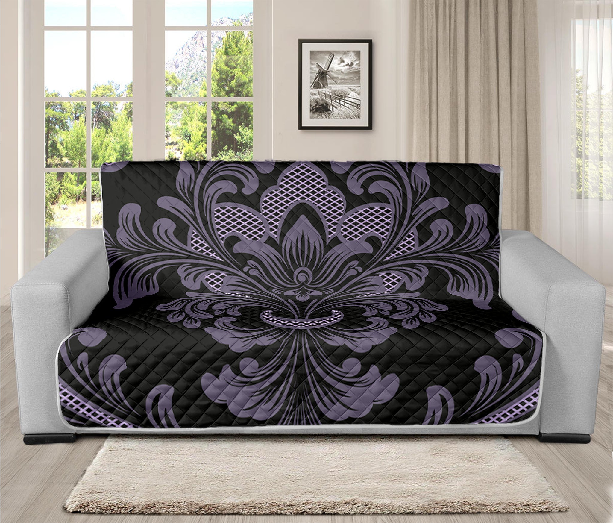 Black And Purple Damask Pattern Print Futon Protector