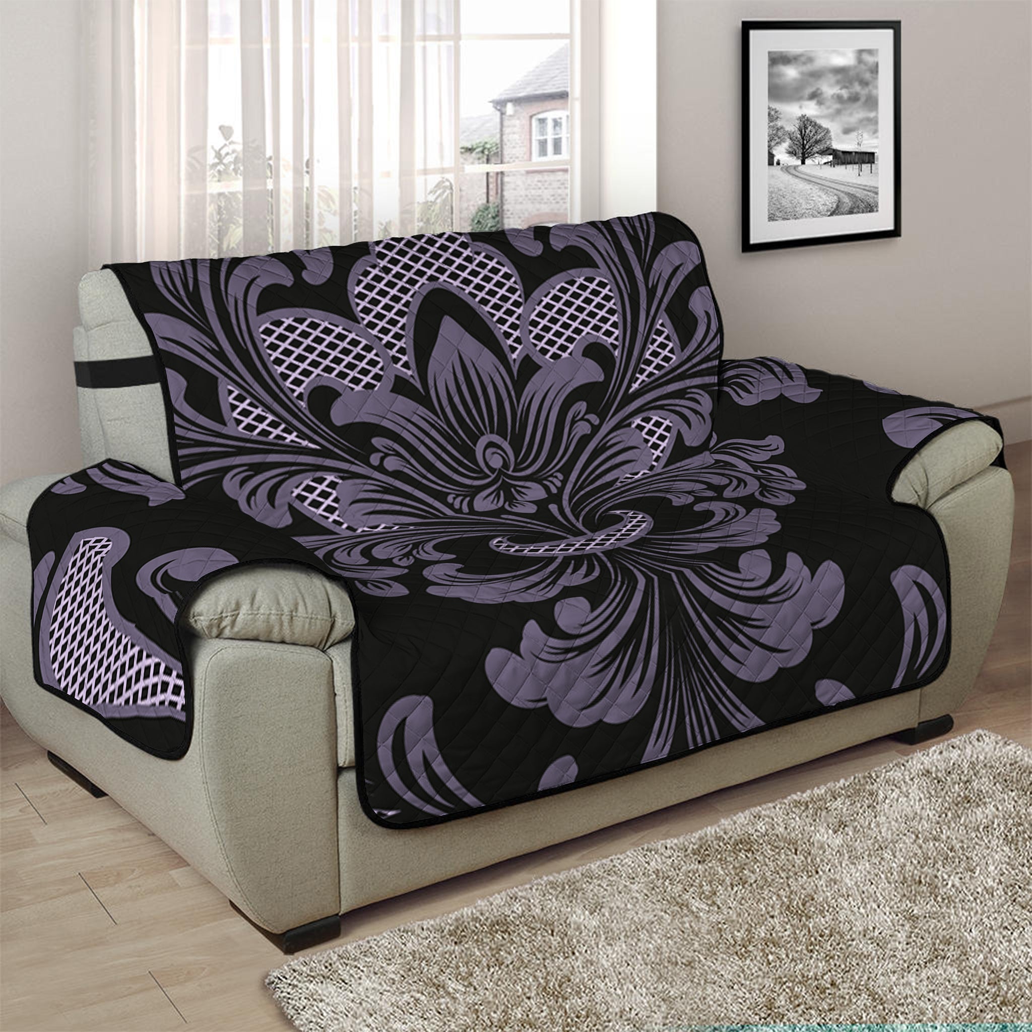 Black And Purple Damask Pattern Print Half Sofa Protector