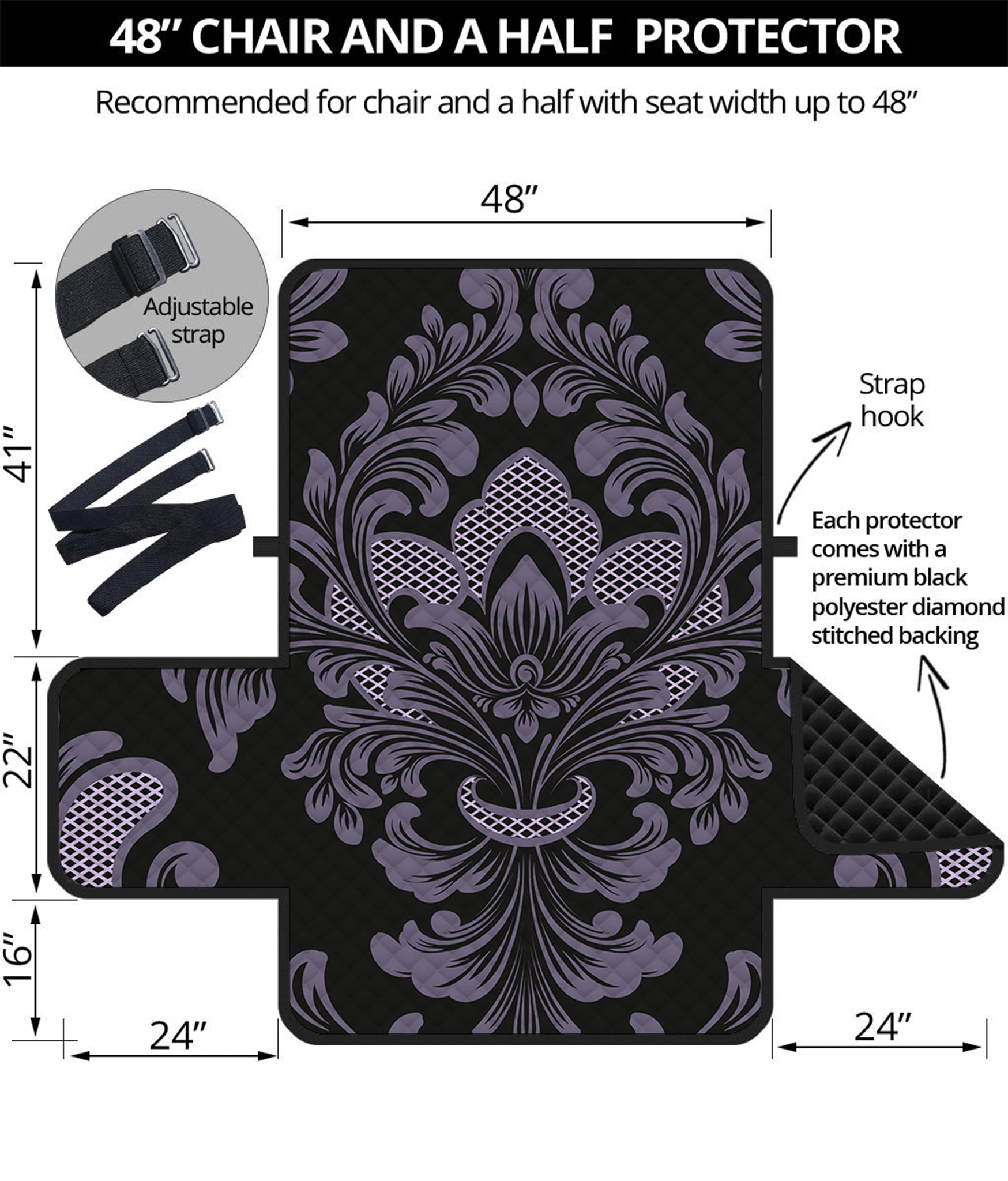 Black And Purple Damask Pattern Print Half Sofa Protector