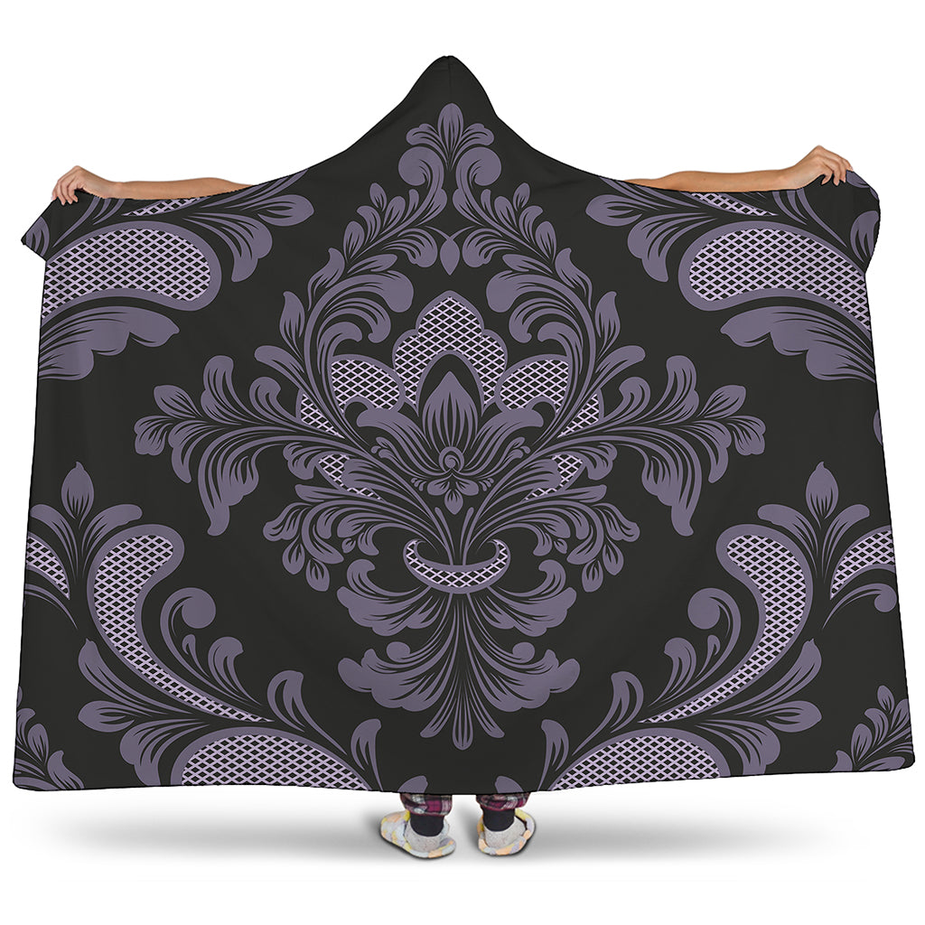 Black And Purple Damask Pattern Print Hooded Blanket