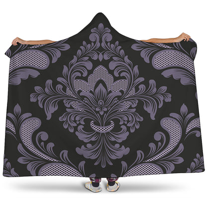 Black And Purple Damask Pattern Print Hooded Blanket