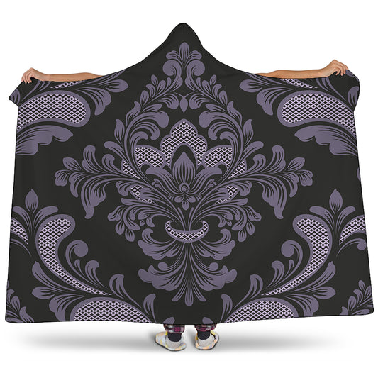 Black And Purple Damask Pattern Print Hooded Blanket
