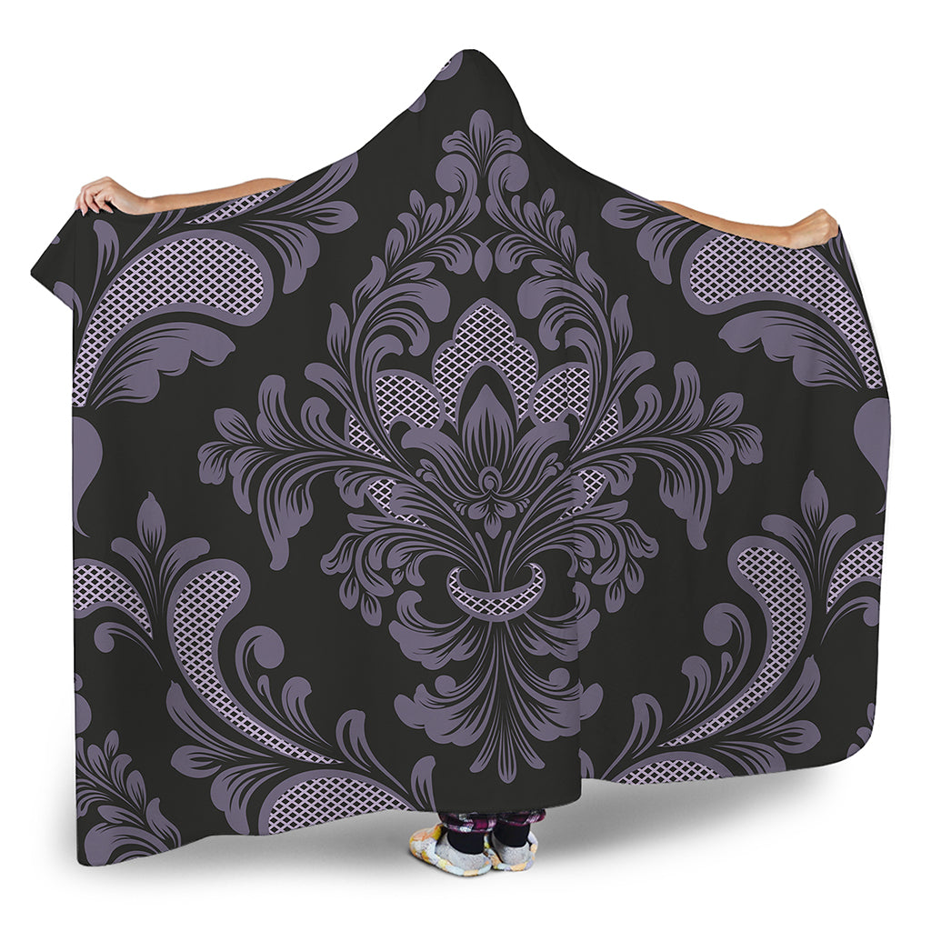 Black And Purple Damask Pattern Print Hooded Blanket