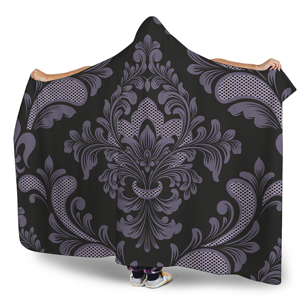Black And Purple Damask Pattern Print Hooded Blanket