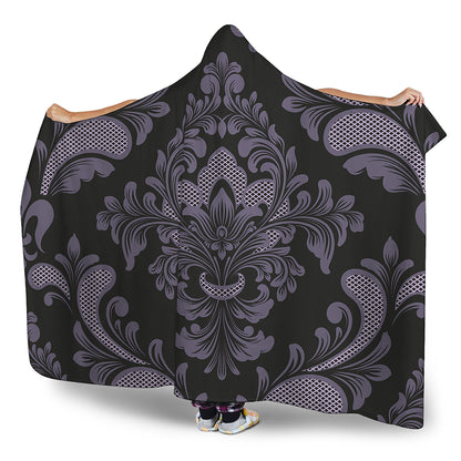 Black And Purple Damask Pattern Print Hooded Blanket