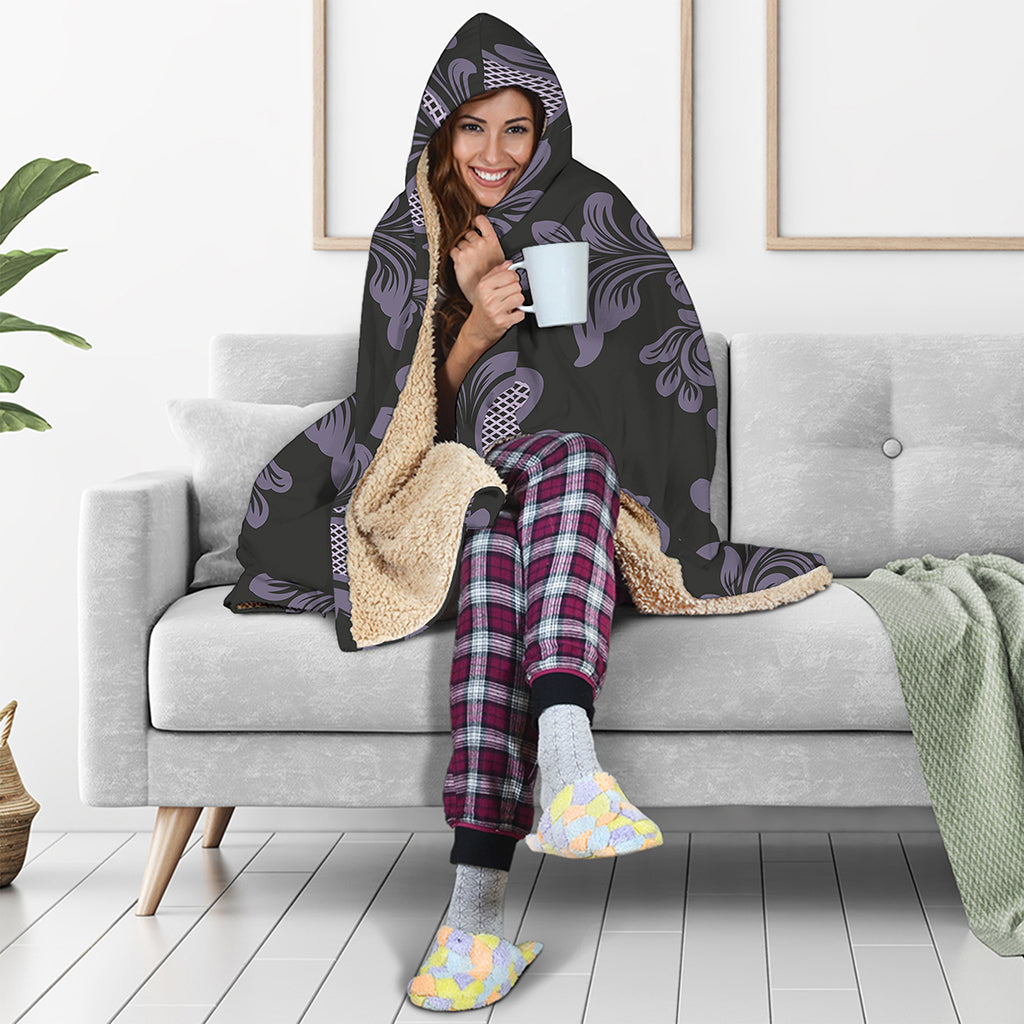 Black And Purple Damask Pattern Print Hooded Blanket